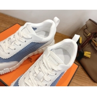 Pretty Style Hermes Bouncing Sneakers in Graphic Mesh and White Grained Calfskin Leather Blue 0304128