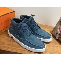 Best Quality Hermes Suede High top Sneakers Turq Blue 2026 HS030401