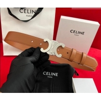 Good Taste Celine Calfskin Leather Belt 3cm with Triomphe Logo Buckle CE011003 Brown/Silver 2025