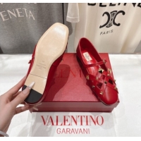 Top Grade Valentino Studdy Ballerinas Flat Mary Janes in Calfskin Leather Red 0224029
