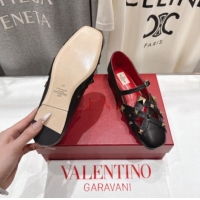Pretty Style Valentino Studdy Ballerinas Flat Mary Janes in Calfskin Leather Black 0224030