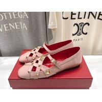 Popular Style Valentino Studdy Ballerinas Flat Mary Janes in Calfskin Leather Pink 0224031