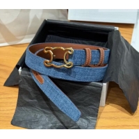 Super Quality Celine Denim and Leather Belt 2.5cm with Cutout Triomphe Buckle CE091101 Blue/Brown/Gold 2025