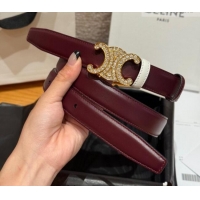 Top Quality Celine Triomphe Calfskin Leather Belt 2.5cm with Strass CE091104 Burgundy/White 2025
