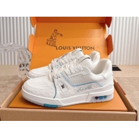 Shop Duplicate Louis Vuitton LV Trainer Sneakers in Grained Leather White/Blue 2026 1A8WAZ 0303114