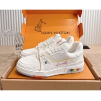 Top Grade Louis Vuitton LV Trainer Sneakers in Grained Leather White/Orange 2026 1A8WAZ 0303116