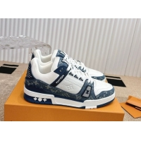 Stylish Louis Vuitton LV Trainer Sneakers in Monogram Denim and Grained Leather White/Blue 2026 1A9JGF 0303118