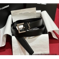 Famous Brand Saint Laurent Calfskin Leather Belt 3cm with Pink Buckle YSL011001 Black/Silver 2025