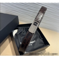 Popular Style Saint Laurent Crocodile Embossed Leather Belt 2.5cm 0317 Brown/Silver 2025