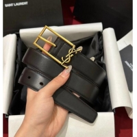 Famous Brand Saint Laurent New Cassandre Belt 3cm in Calf Leather 0617 Black/Gold 2025