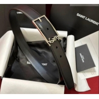 Luxury Cheap Saint Laurent New Cassandre Belt 3cm in Calf Leather 0617 Black/Silver 2025