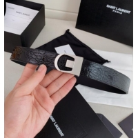 Reasonable Price Saint Laurent Reversible Crocodile Embossed Leather Belt 3cm 0617 Black/Silver 2025