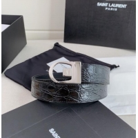 Reasonable Price Saint Laurent Reversible Crocodile Embossed Leather Belt 3cm 0617 Black/Silver 2025