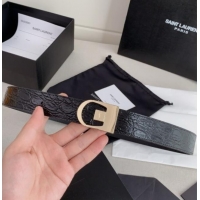 Grade Quality Saint Laurent Reversible Crocodile Embossed Leather Belt 3cm 0617 Black/Gold 2025