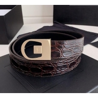 Luxury Cheap Saint Laurent Reversible Crocodile Embossed Leather Belt 3cm 0617 Brown/Gold 2025