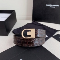 Luxury Cheap Saint Laurent Reversible Crocodile Embossed Leather Belt 3cm 0617 Brown/Gold 2025