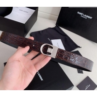 Best Grade Saint Laurent Reversible Crocodile Embossed Leather Belt 3cm 0617 Brown/Silver 2025