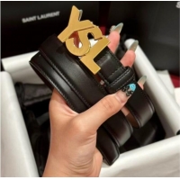 Promotional Saint Laurent Women's Supple Calfskin Leather Belt 2.5cm with Maxi YSL Buckle 25060 Black/Shiny Gold 2025