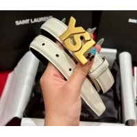 Best Quality Saint Laurent Women's Supple Calfskin Leather Belt 2.5cm with Maxi YSL Buckle 25060 White/Aged Gold 2025