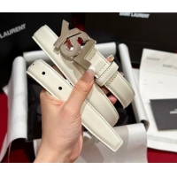 Shop Saint Laurent Women's Supple Calfskin Leather Belt 2.5cm with Maxi YSL Buckle 25060 White/Silver 2025