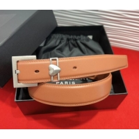 Luxury Cheap Saint Laurent Calfskin Leather Belt 3cm with Heart Charm YSL091201 Tan Brown/Silver 2025