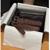 Low Cost Saint Laurent Cassandre Belt 2cm in Suede and Leather YSL26010401 Dark Brown/Silver 2025