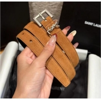 Best Grade Saint Laurent Cassandre Belt 2cm in Suede and Leather YSL26010401 Brown/Silver 2025