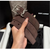 Luxury Discount Saint Laurent Cassandre Belt 3cm in Suede and Leather YSL26010401 Chocolate 2025
