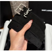 New Cheap Saint Laurent Cassandre Belt 3cm in Suede and Leather YSL26010401 Black/Silver 2025
