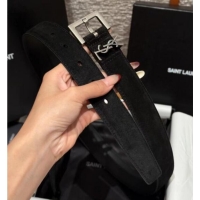New Cheap Saint Laurent Cassandre Belt 3cm in Suede and Leather YSL26010401 Black/Silver 2025
