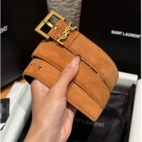 Pretty Style Saint Laurent Cassandre Belt 3cm in Suede and Leather YSL26010401 Beige Yellow/Gold 2025