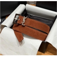 Inexpensive Saint Laurent Cassandre Belt 3cm in Suede and Leather YSL26010401 Brown 2025