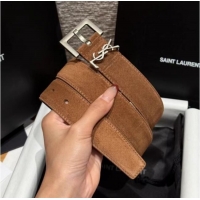 Well Crafted Saint Laurent Cassandre Belt 3cm in Suede and Leather YSL26010401 Taupe 2025