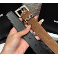 Well Crafted Saint Laurent Cassandre Belt 3cm in Suede and Leather YSL26010401 Taupe 2025