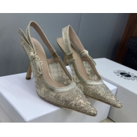 Best Grade Dior J'Adior Slingbacks Pump 9.5cm in Transparent Mesh Embroidered with Millefiori Motif in Gold-Tone Strass 
