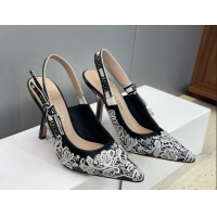 Discount Dior J'Adior Slingbacks Pump 9.5cm in Black Cotton Embroidered with White Floral Motif 2026 0302051