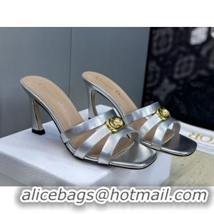 Pretty Style Dior Or 30M Heeled Slides Sandal 8cm in Calfskin Leather with CD Pearl Silver 0302078