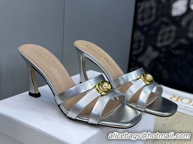 Pretty Style Dior Or 30M Heeled Slides Sandal 8cm in Calfskin Leather with CD Pearl Silver 0302078
