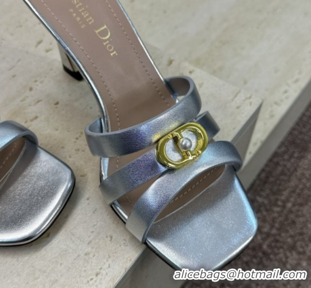 Pretty Style Dior Or 30M Heeled Slides Sandal 8cm in Calfskin Leather with CD Pearl Silver 0302078