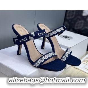 Unique Style Dior Dentelle Bow Heeled Slides Sandal 9.5cm in Oblique Embroidered Cotton and White Lace Blue 0302079