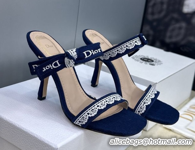 Unique Style Dior Dentelle Bow Heeled Slides Sandal 9.5cm in Oblique Embroidered Cotton and White Lace Blue 0302079