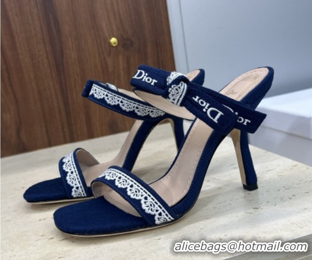 Unique Style Dior Dentelle Bow Heeled Slides Sandal 9.5cm in Oblique Embroidered Cotton and White Lace Blue 0302079