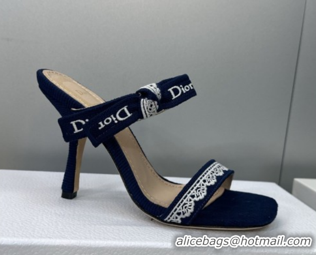 Unique Style Dior Dentelle Bow Heeled Slides Sandal 9.5cm in Oblique Embroidered Cotton and White Lace Blue 0302079
