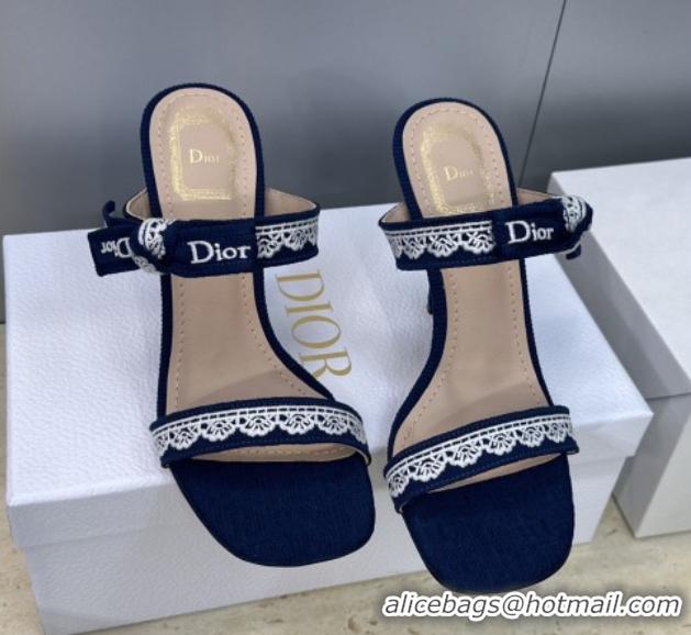 Unique Style Dior Dentelle Bow Heeled Slides Sandal 9.5cm in Oblique Embroidered Cotton and White Lace Blue 0302079