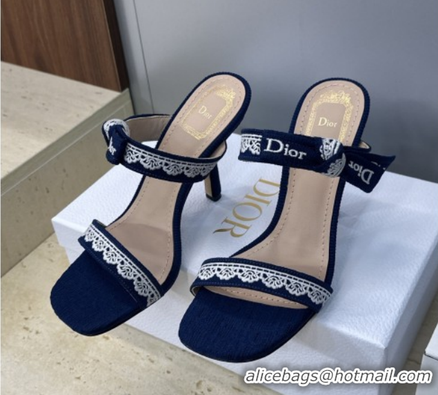 Unique Style Dior Dentelle Bow Heeled Slides Sandal 9.5cm in Oblique Embroidered Cotton and White Lace Blue 0302079
