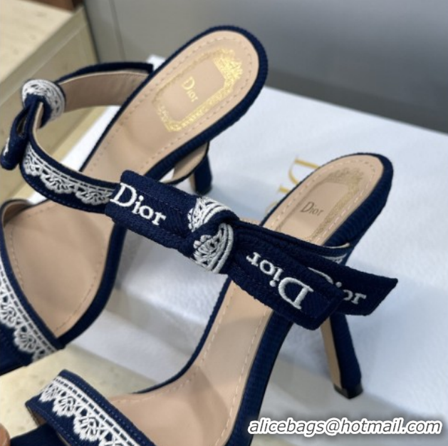 Unique Style Dior Dentelle Bow Heeled Slides Sandal 9.5cm in Oblique Embroidered Cotton and White Lace Blue 0302079