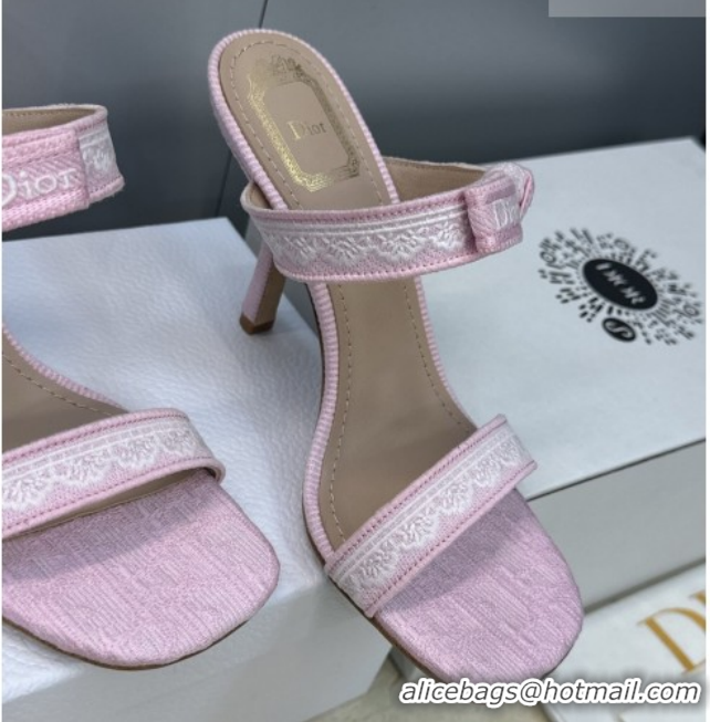 Good Quality Dior Dentelle Bow Heeled Slides Sandal 9.5cm in Oblique Embroidered Cotton and White Lace Pink 2026 0302080