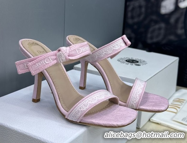 Good Quality Dior Dentelle Bow Heeled Slides Sandal 9.5cm in Oblique Embroidered Cotton and White Lace Pink 2026 0302080