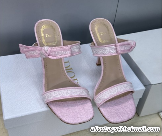 Good Quality Dior Dentelle Bow Heeled Slides Sandal 9.5cm in Oblique Embroidered Cotton and White Lace Pink 2026 0302080