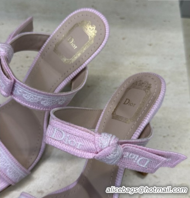 Good Quality Dior Dentelle Bow Heeled Slides Sandal 9.5cm in Oblique Embroidered Cotton and White Lace Pink 2026 0302080